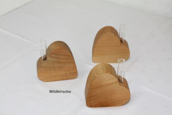Holzherz, Vase, Herz mit Reagenzglas im 3er Set, Massivholz
